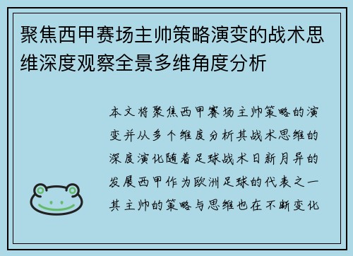 聚焦西甲赛场主帅策略演变的战术思维深度观察全景多维角度分析